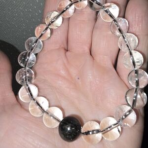12mm Black Rutile And 10mm Clear Quartz Bracelet